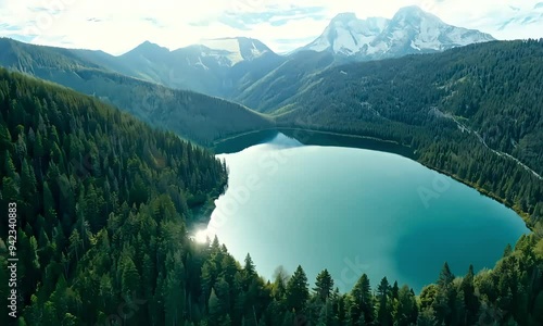 A serene landscape featuring a tranquil lake surrounded by lush forests and mountains.