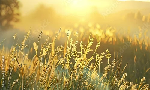 A serene landscape with golden sunlight illuminating tall grass in a tranquil setting.