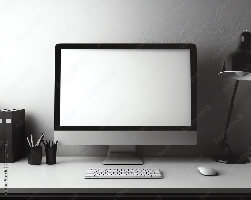 Modern desktop computer setup with keyboard, mouse, and lamp on a clean white desk. Minimalist home office workspace. Modern desktop computer setup with keyboard, mouse, and lamp on a clean white desk. Minimalist home office workspace.