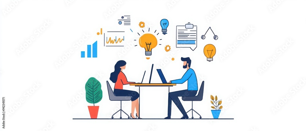 A professional meeting between two people discussing ideas and strategies with charts and lightbulbs representing innovation. A professional meeting between two people discussing ideas and strategies with charts and lightbulbs representing innovation.