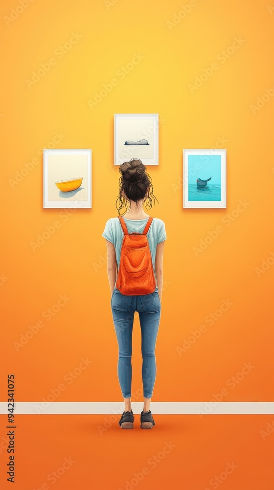 A person admires art on a vibrant orange wall, creating a perfect backdrop for creative inspiration and exploration. A person admires art on a vibrant orange wall, creating a perfect backdrop for creative inspiration and exploration.