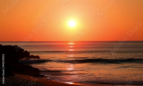 A serene sunset over calm ocean waters, creating a peaceful and tranquil atmosphere.