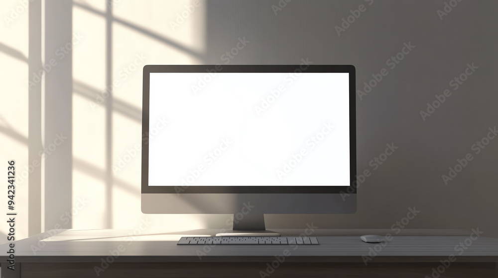 Modern desktop computer with blank screen on a minimalist workspace, illuminated by natural light from a window, casting shadows on the wall. Modern desktop computer with blank screen on a minimalist workspace, illuminated by natural light from a window, casting shadows on the wall.