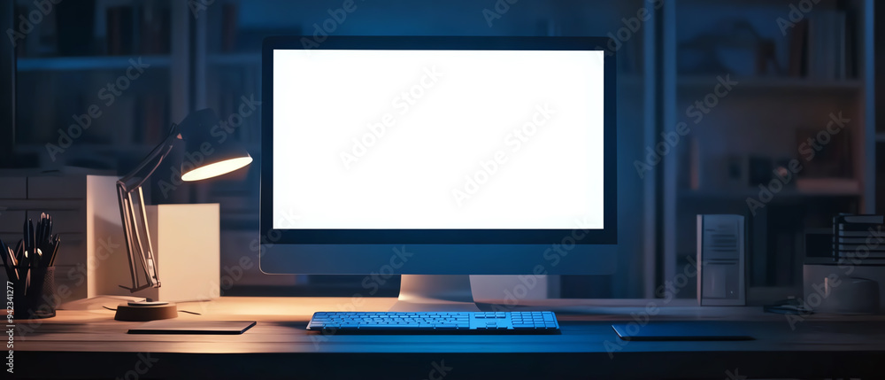 Modern desktop setup with a blank screen monitor, illuminated by a desk lamp in a dimly lit room, ready for work or study. Modern desktop setup with a blank screen monitor, illuminated by a desk lamp in a dimly lit room, ready for work or study.