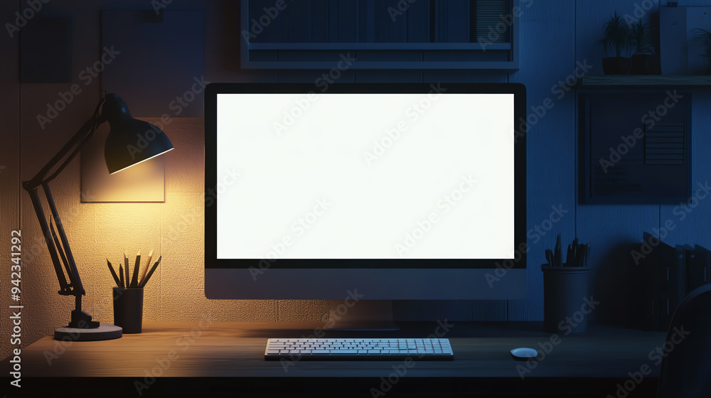 Fototapeta premium Modern desktop workspace with blank monitor screen in a dimly lit home office, featuring a lamp and stationery for night productivity.