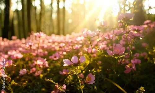 A sunlit field of pink flowers amidst trees, creating a serene and vibrant atmosphere.