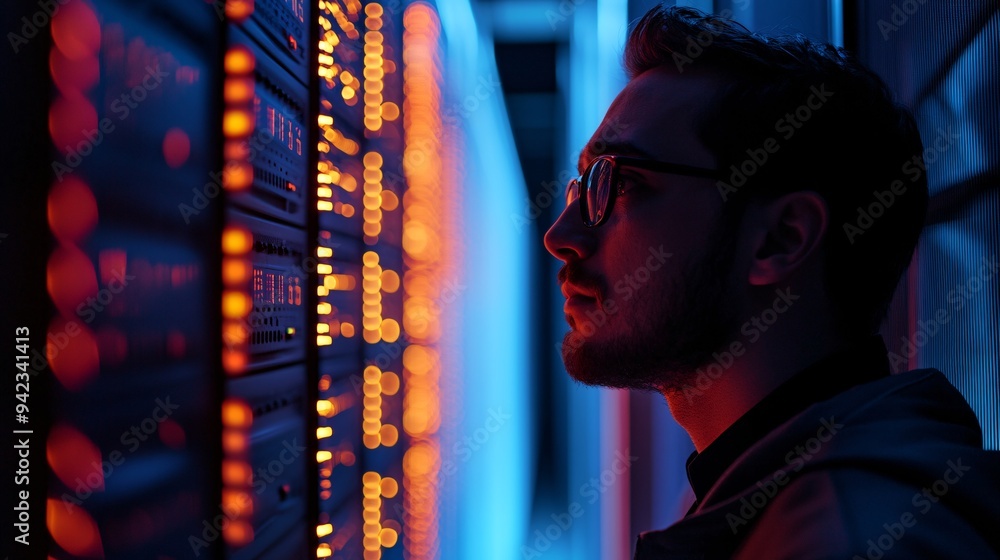 Minimalist shot of a programmer observing server lights Minimalist shot of a programmer observing server lights
