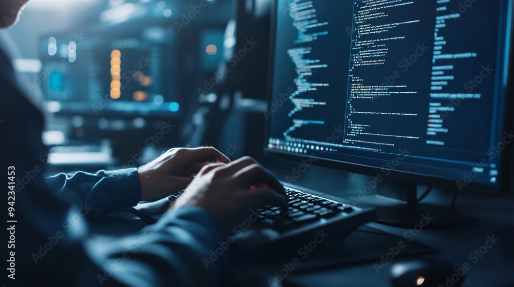 Programmer typing commands on a minimal console in a data center Programmer typing commands on a minimal console in a data center