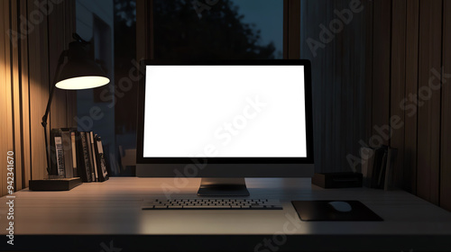 Modern home office with blank computer screen at night, illuminated by a desk lamp. Ideal for tech or work-from-home concepts.