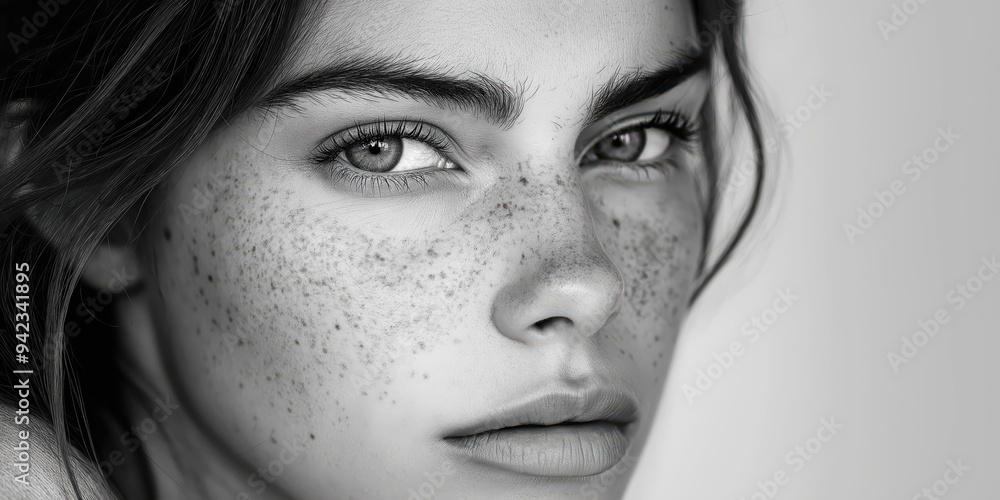 Fototapeta premium Black and White Close-Up Portrait of a Freckled Woman with Intense Gaze