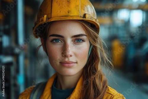 Female Worker in Safety Helmet and Uniform Posing Proudly in a Busy Factory Environment