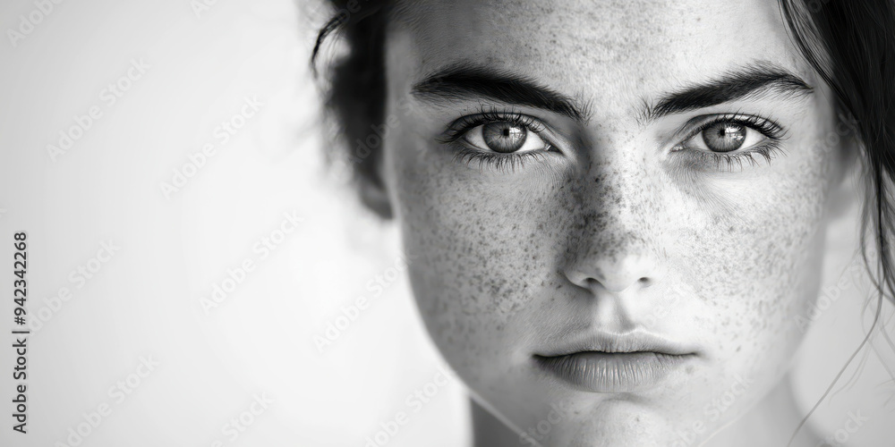 Fototapeta premium Close-up Portrait of Young Woman with Freckles and Intense Gaze in Black and White Image