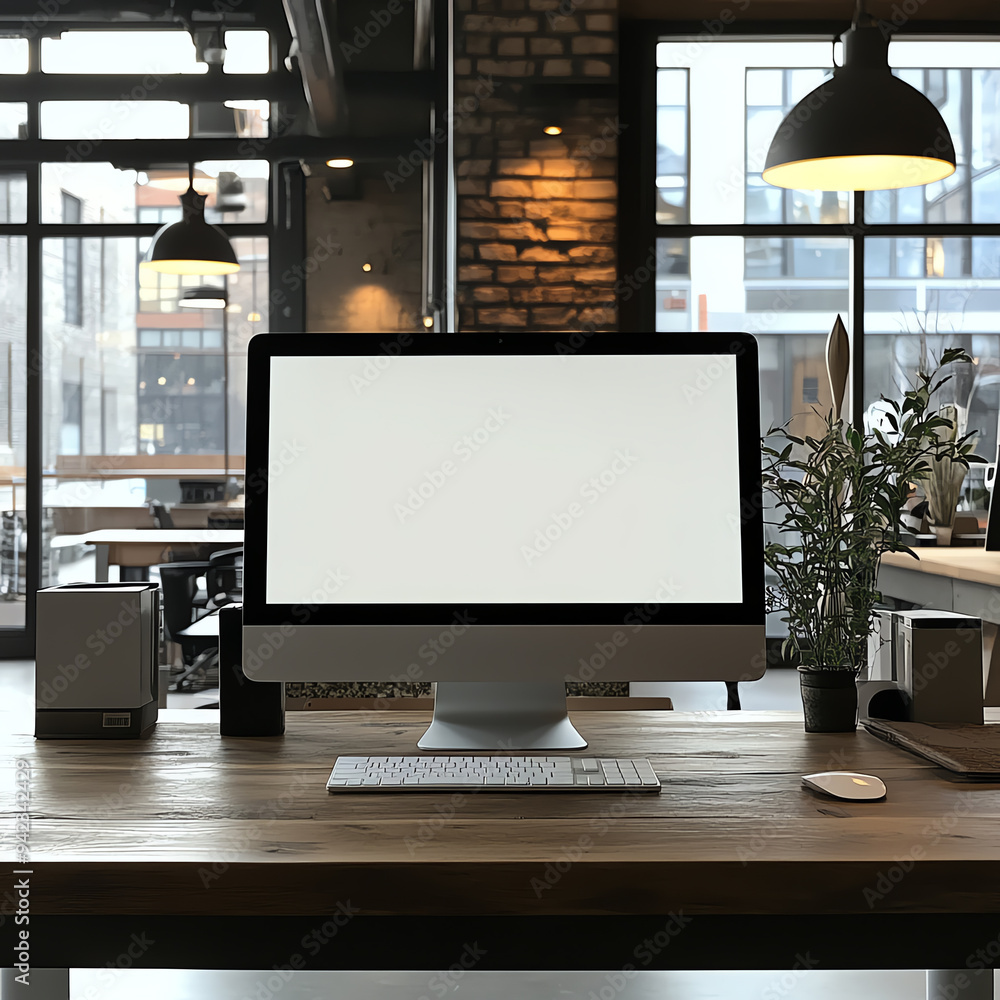 Modern office interior with a sleek computer on a wooden desk, illuminated by natural light from large windows for a contemporary work environment. Modern office interior with a sleek computer on a wooden desk, illuminated by natural light from large windows for a contemporary work environment.
