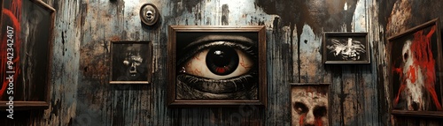 A dark, eerie gallery featuring unsettling artwork with an eye motif. photo