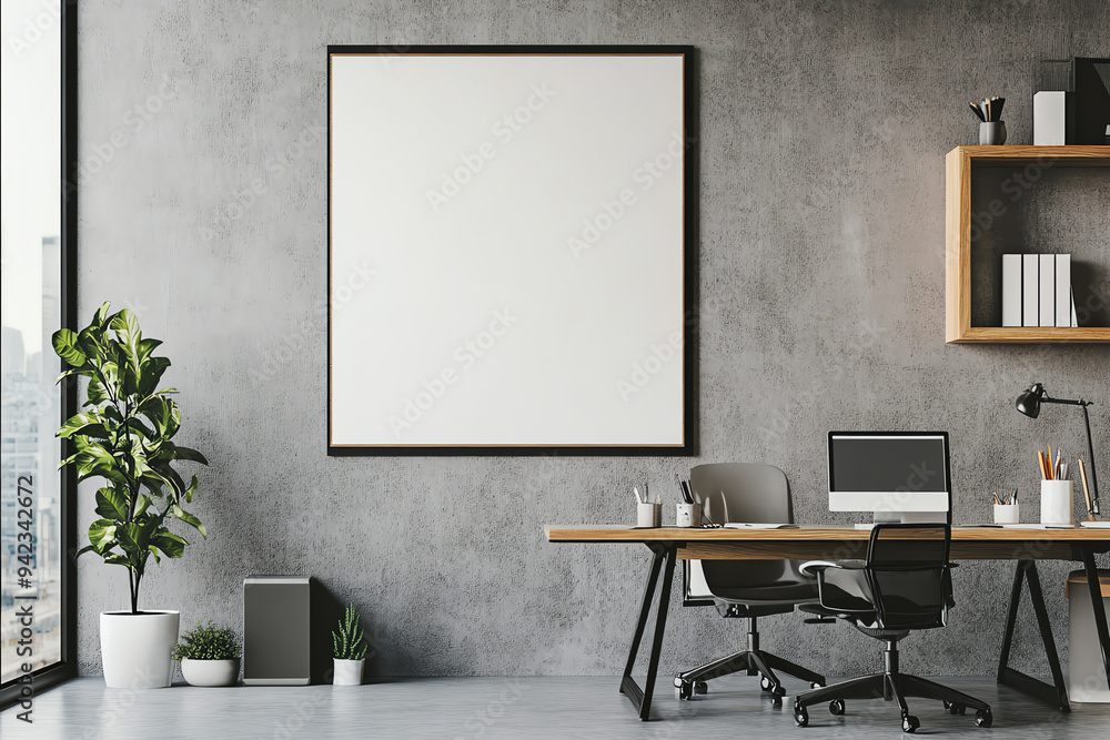 Modern office space with minimalist decor, featuring computer desks, a large blank frame on a concrete wall, and a green plant for a calming environment. Modern office space with minimalist decor, featuring computer desks, a large blank frame on a concrete wall, and a green plant for a calming environment.