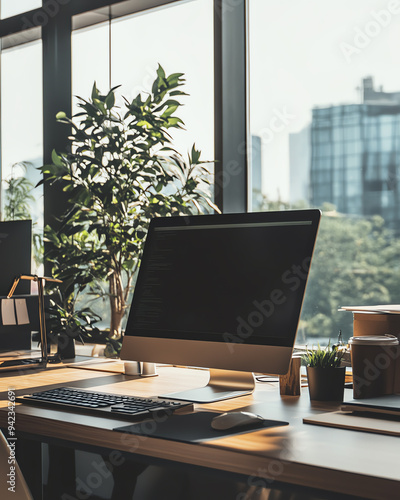 Wallpaper Mural Modern office workspace with a computer, green plants, and large windows showcasing an urban landscape in the background. Torontodigital.ca