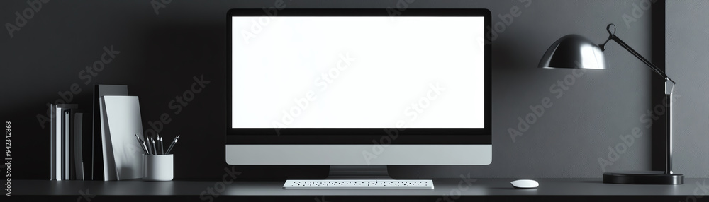 Modern workspace setup with a computer, books, and a lamp on a dark desk, ideal for productivity and minimalist design enthusiasts.