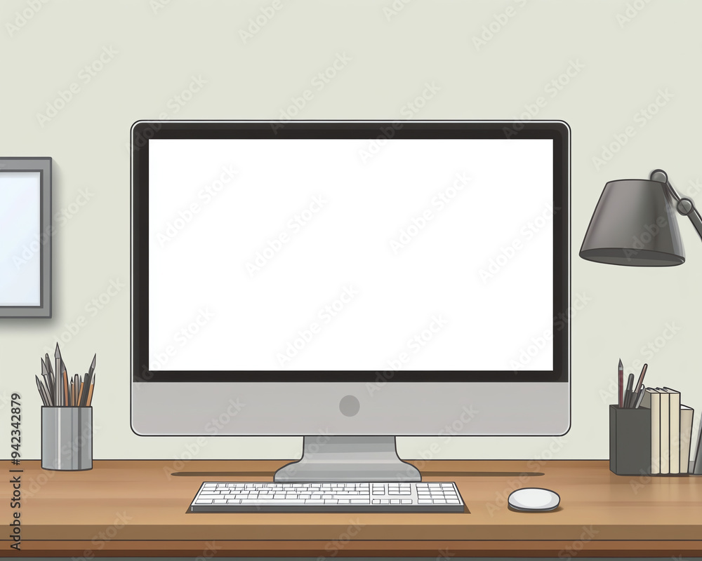 Modern workspace with a blank computer screen, keyboard, mouse, and lamp on a wooden desk, minimalistic and clean design. Modern workspace with a blank computer screen, keyboard, mouse, and lamp on a wooden desk, minimalistic and clean design.
