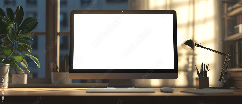 Modern workspace with computer on a desk, bathed in warm sunlight from a window. Ideal office or home office setup. Modern workspace with computer on a desk, bathed in warm sunlight from a window. Ideal office or home office setup.