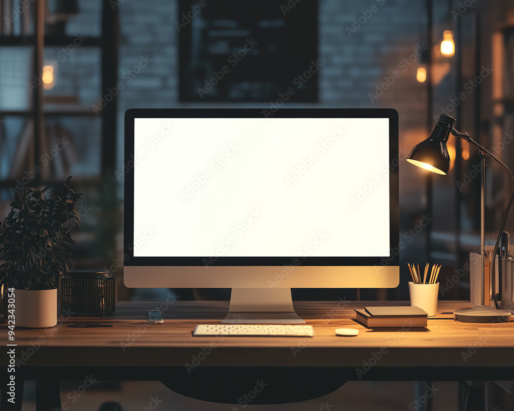 Modern workspace with desktop computer, lamp, and decor. Ideal for productivity and remote work in cozy home office environment. Modern workspace with desktop computer, lamp, and decor. Ideal for productivity and remote work in cozy home office environment.