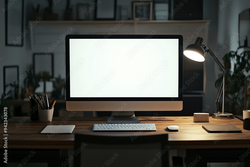 Modern workspace with desktop computer, keyboard, and lamp on a wooden desk in an elegantly designed home office environment. Modern workspace with desktop computer, keyboard, and lamp on a wooden desk in an elegantly designed home office environment.