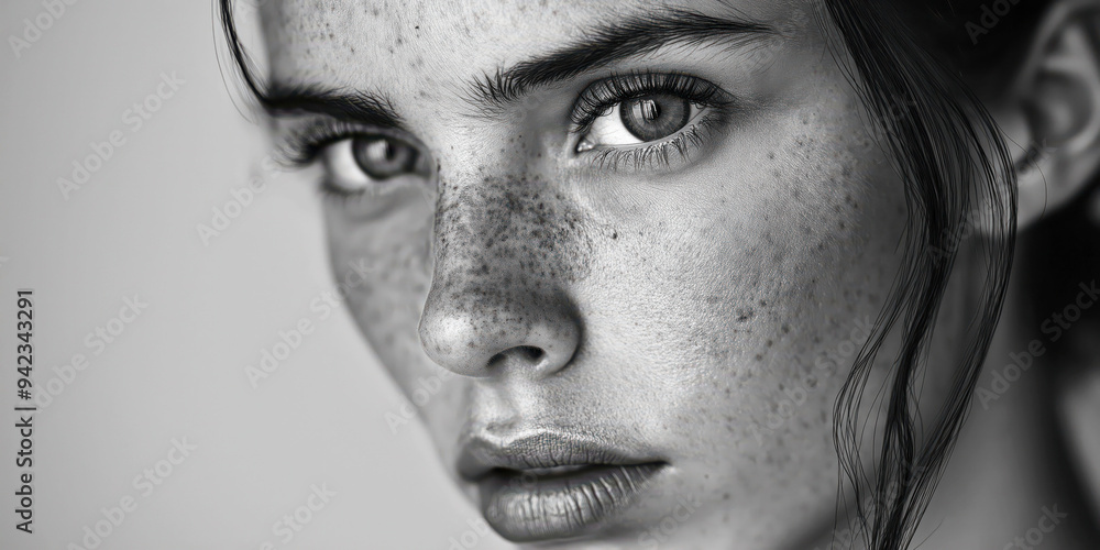 Obraz premium Monochrome Portrait of Young Woman with Freckles and Intense Gaze