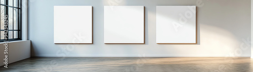 Three white blank canvases hanging on a modern gallery wall with floor-to-ceiling windows letting in natural light.