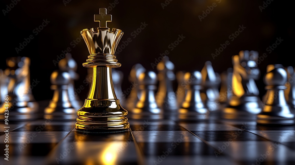 Golden Chess Queen Standing Out on a Chessboard Golden Chess Queen Standing Out on a Chessboard