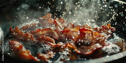 Close up of crispy bacon strips being roasted in a skillet with hot oil splattering creating a rich sizzle and smoke Morning Breakfast