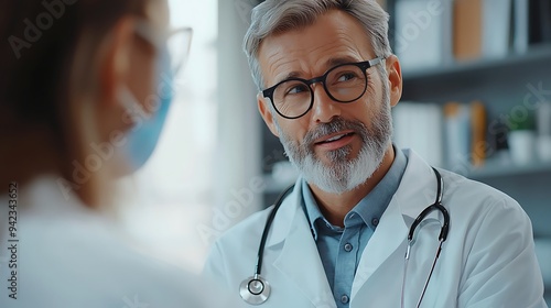 A doctor attentively listening to a patient, stethoscope poised for care.