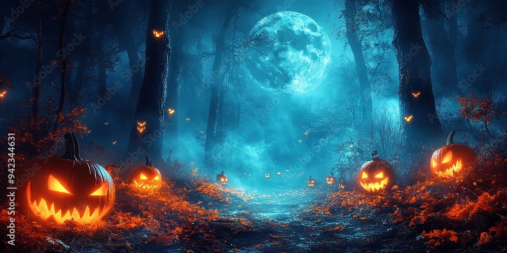 Halloween theme with pumpkins and dark forest. Scary Halloween design on table. Jack-o-lantern on the dark forest Halloween theme with pumpkins and dark forest. Scary Halloween design on table. Jack-o-lantern on the dark forest