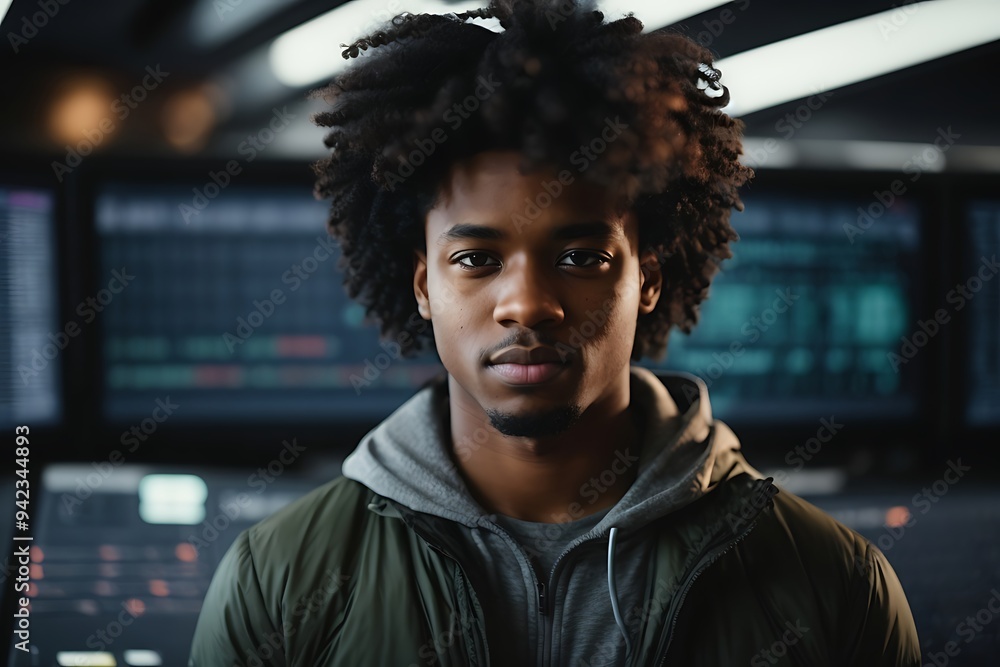 a young African American IT technician using an intelligence computer display a young African American IT technician using an intelligence computer display