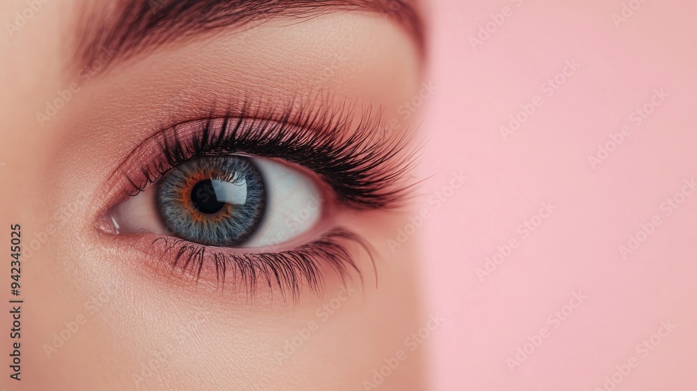 Obraz premium Close-up of blue eye with long lashes against pink background