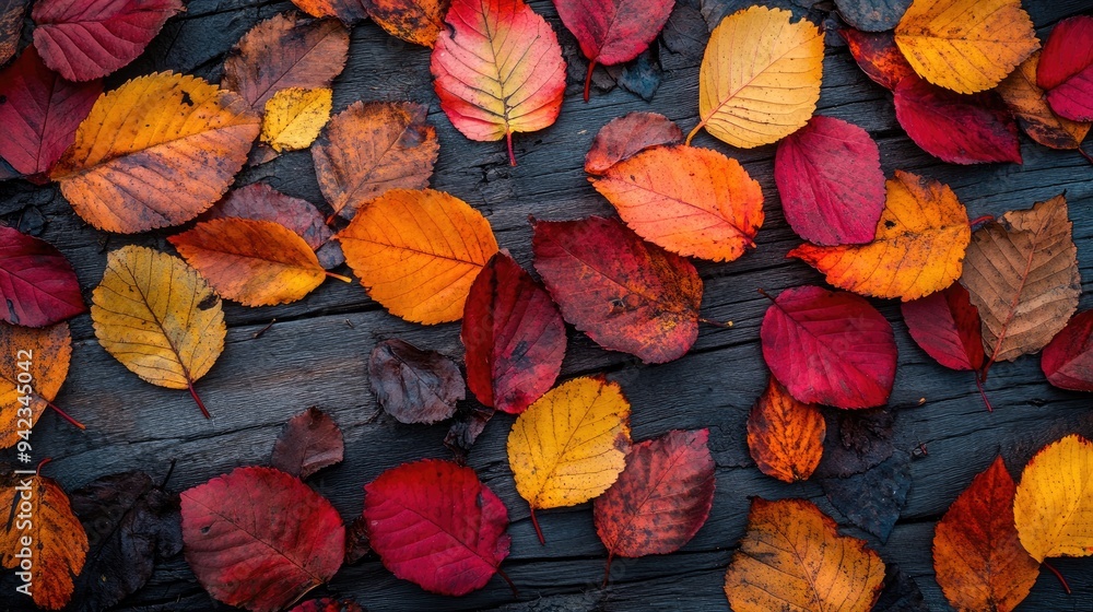 A close-up of individual fall leaves with rich colors and intricate textures, scattered across a wooden surface. A close-up of individual fall leaves with rich colors and intricate textures, scattered across a wooden surface.