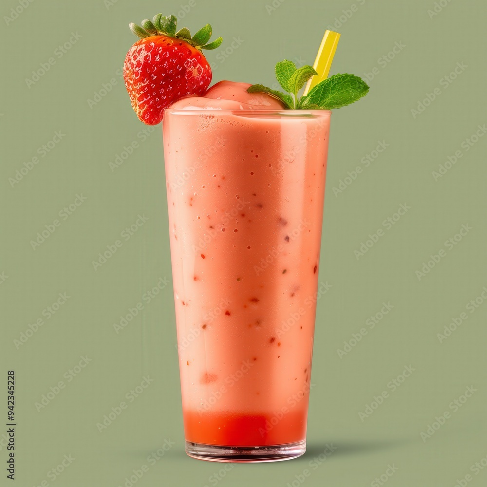 A refreshing strawberry smoothie in a tall glass, garnished with fruit and mint. A refreshing strawberry smoothie in a tall glass, garnished with fruit and mint.