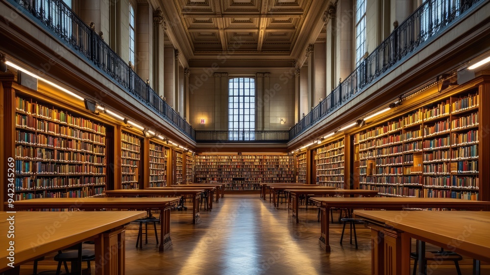 Fototapeta premium Grand library hall lined with bookshelves and wooden desks, filled warm light