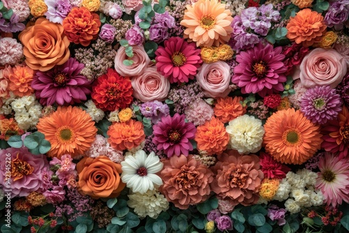 Stunning Handmade Flower Wall with Red, Orange, Pink, Purple, Green & White Chrysanthemums for Wed