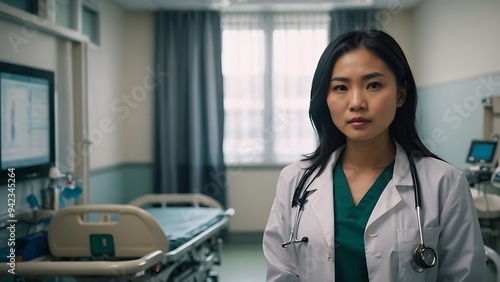 Portrait of an asian female doctor in a hospital room, looking at the camera