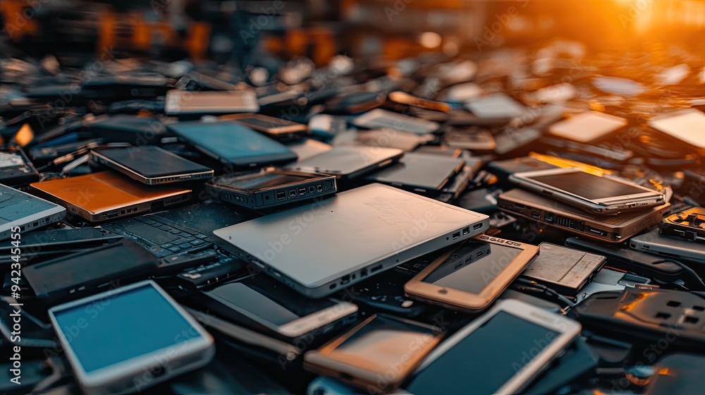 A close-up of old electronic devices like phones and laptops piled up for recycling, providing a clear message about e-waste with ample copy space. A close-up of old electronic devices like phones and laptops piled up for recycling, providing a clear message about e-waste with ample copy space.