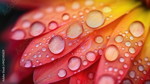 A close-up of raindrops on a vibrant flower petal, highlighting the delicate beauty of nature in the rain with ample space for text.