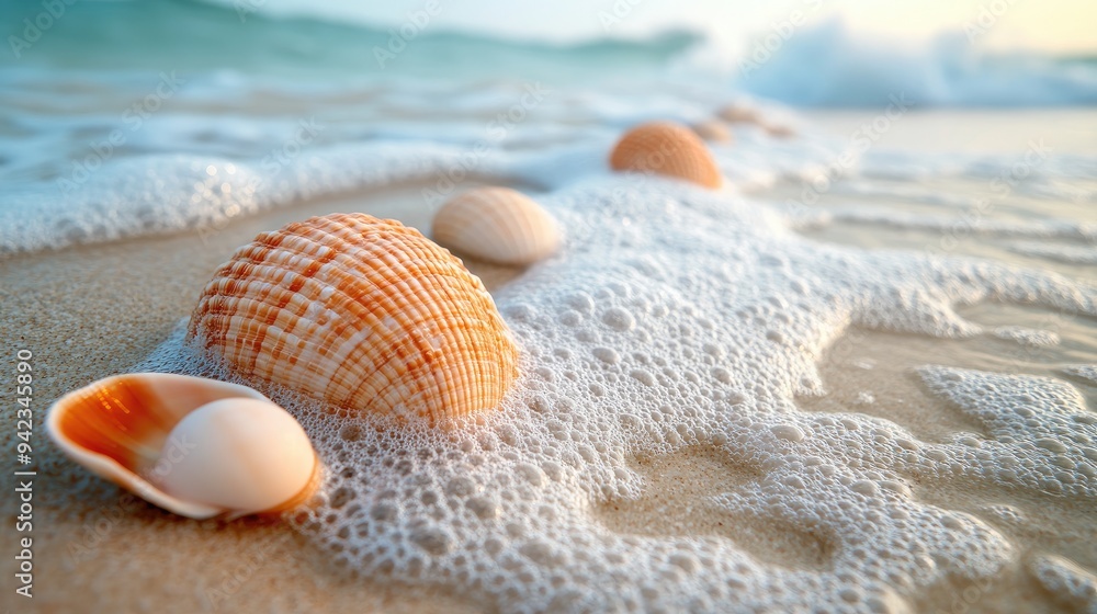A close-up of seashells on the sandy shore of Myrtle Beach, with waves gently washing over them.