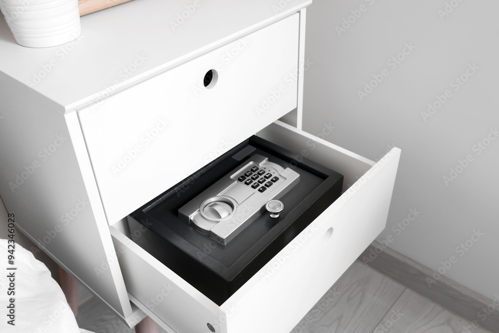 Open drawer with modern safe in bedroom, closeup Open drawer with modern safe in bedroom, closeup