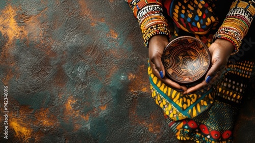 African woman holding decorative wooden bowl in patterned dress and beaded bracelets