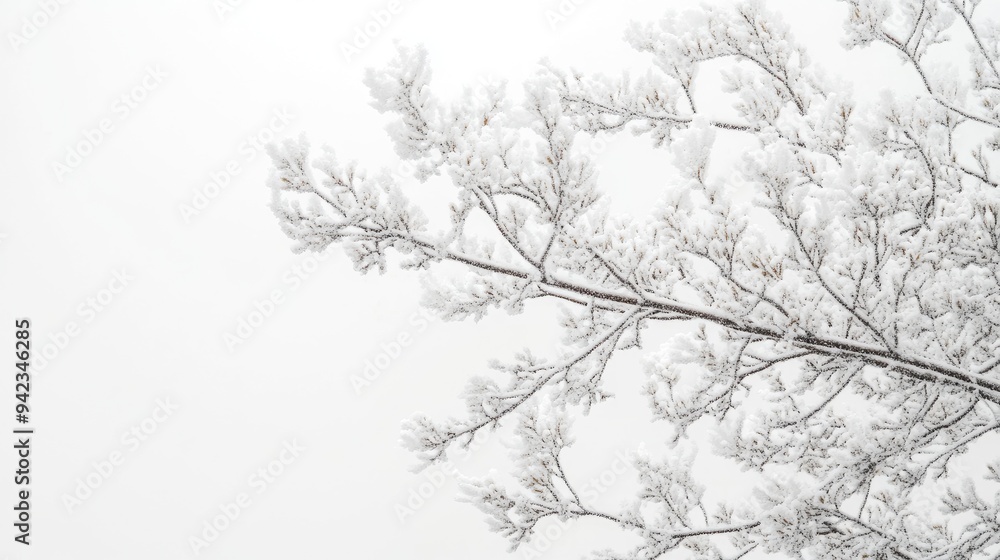 A close-up of tree branches covered in snow, with the stark white background highlighting the intricate details. A close-up of tree branches covered in snow, with the stark white background highlighting the intricate details.