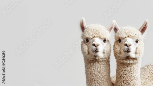 Two white alpacas with fluffy fur standing close together against plain background photo