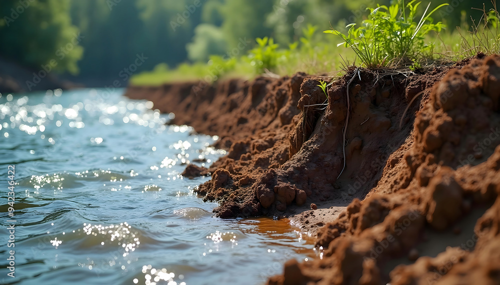 Obraz premium A tranquil riverbank showcasing sparkling water and sandy edges, surrounded by vibrant foliage, perfect for nature and outdoor themes.