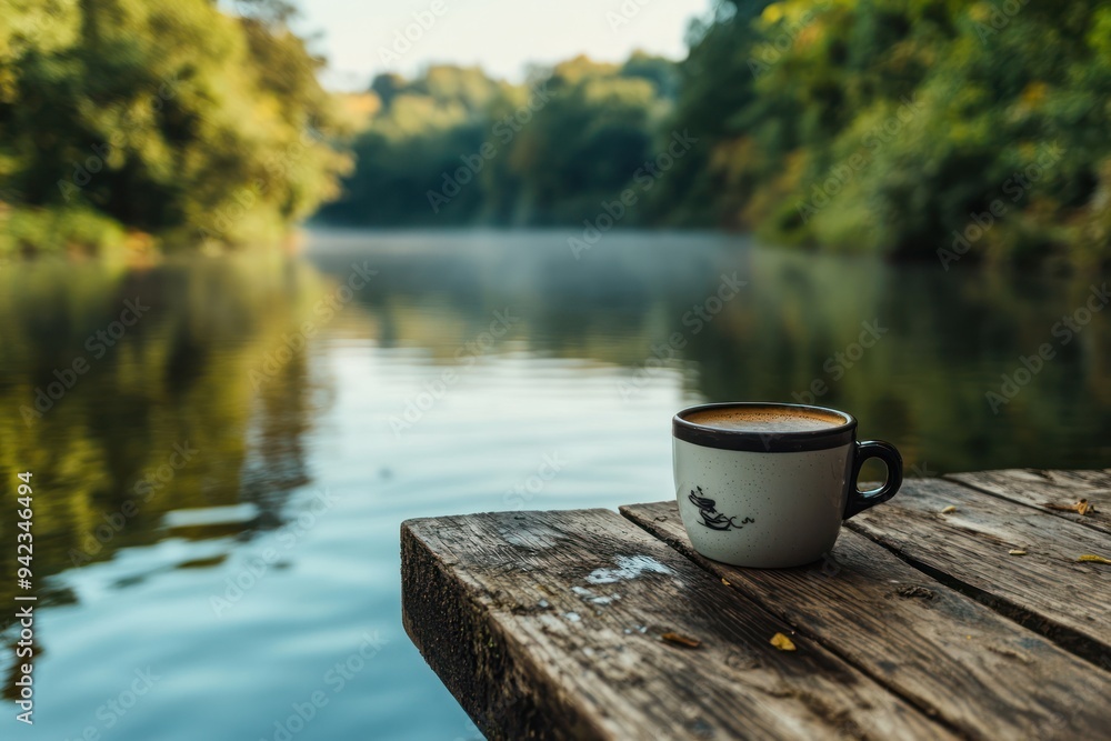 a cup of coffee with a view of the river and forest a cup of coffee with a view of the river and forest