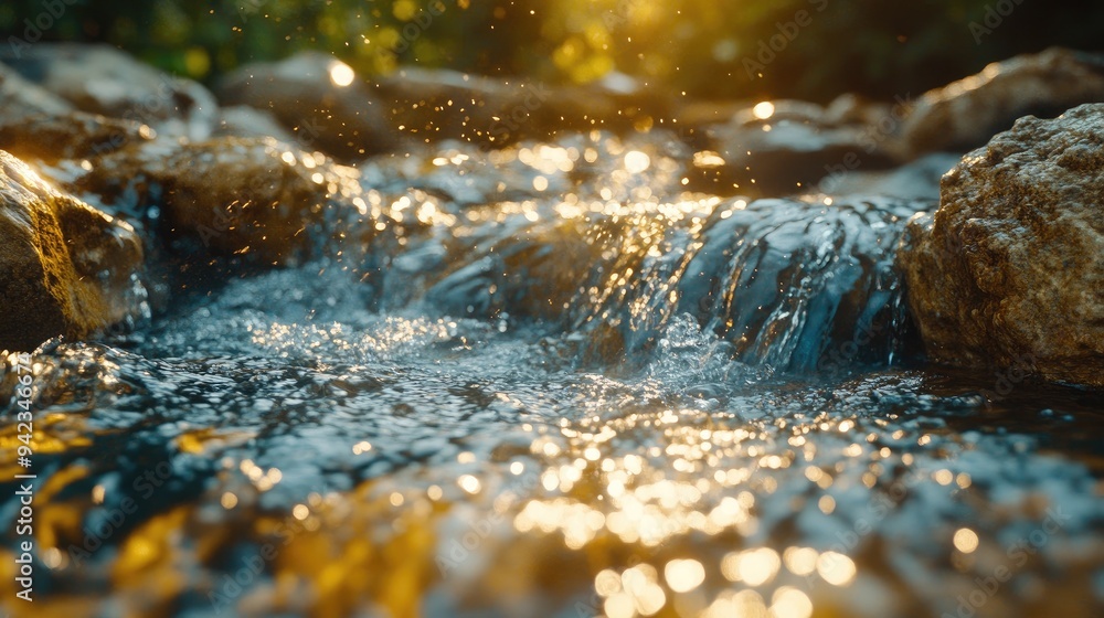 A close-up of water flowing over rocks in a small stream, capturing the fluid motion and sunlight reflecting off the surface. A close-up of water flowing over rocks in a small stream, capturing the fluid motion and sunlight reflecting off the surface.