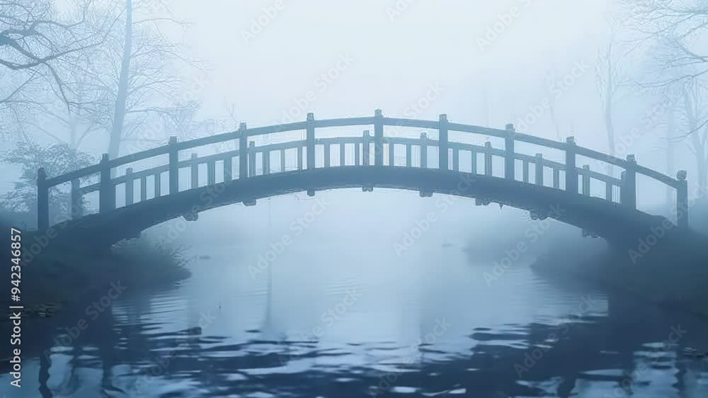 A serene fog-covered bridge over a tranquil waterway, surrounded by ghostly trees A serene fog-covered bridge over a tranquil waterway, surrounded by ghostly trees