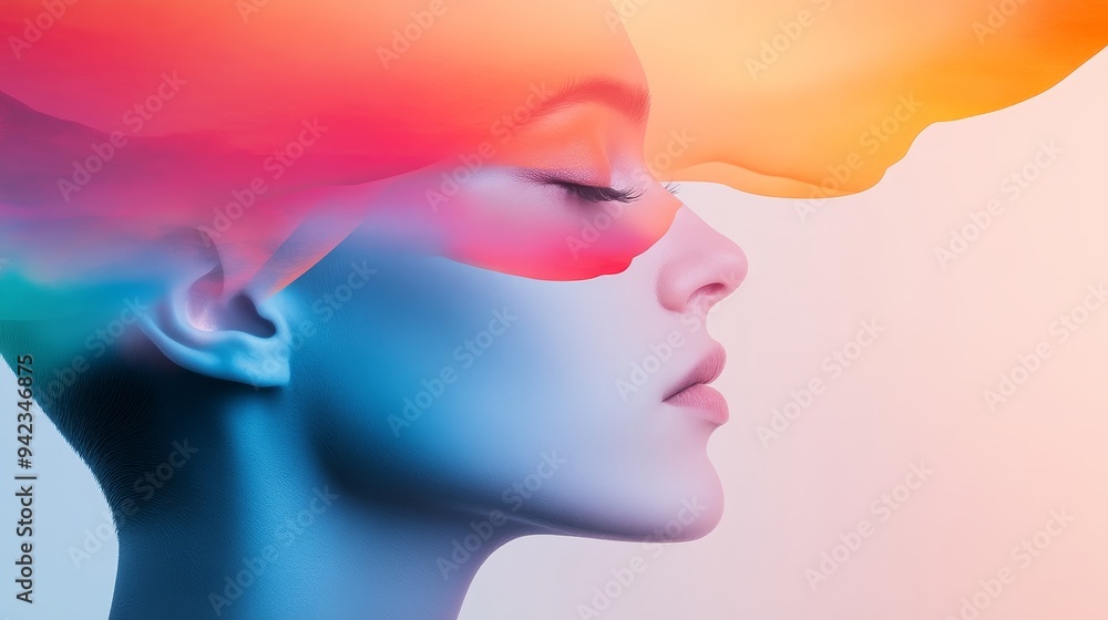 Surreal portrait of a person with closed eyes, overlaid with double exposure of watercolor splashes in a rainbow gradient, evoking dreams and imagination Surreal portrait of a person with closed eyes, overlaid with double exposure of watercolor splashes in a rainbow gradient, evoking dreams and imagination